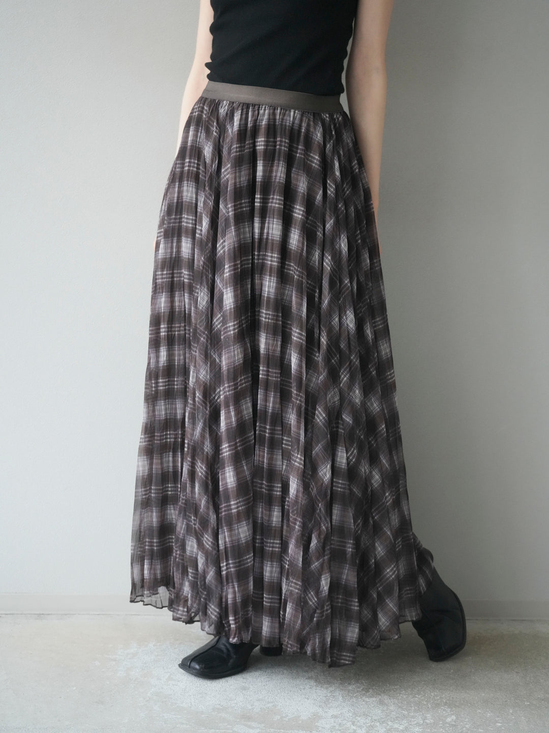 [予約]チェック柄ワッシャープリーツスカート/brown