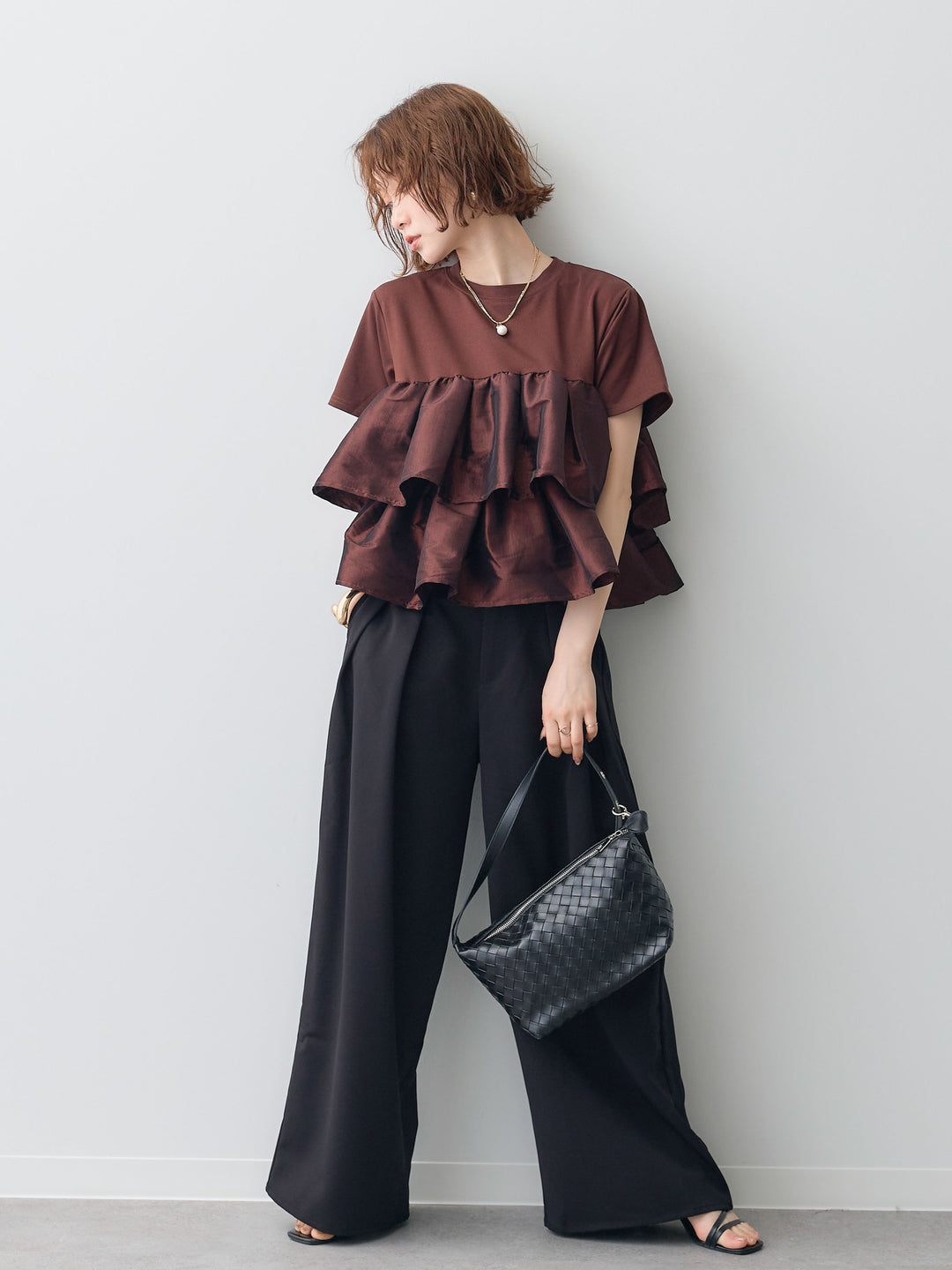 [SET]フリルティアードTEE+クレープデシンタックワイドパンツ(2set)