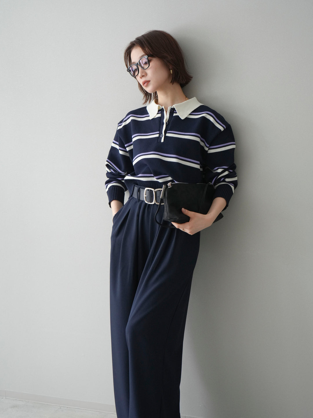 [予約]マルチボーダーポロニットトップス/navy