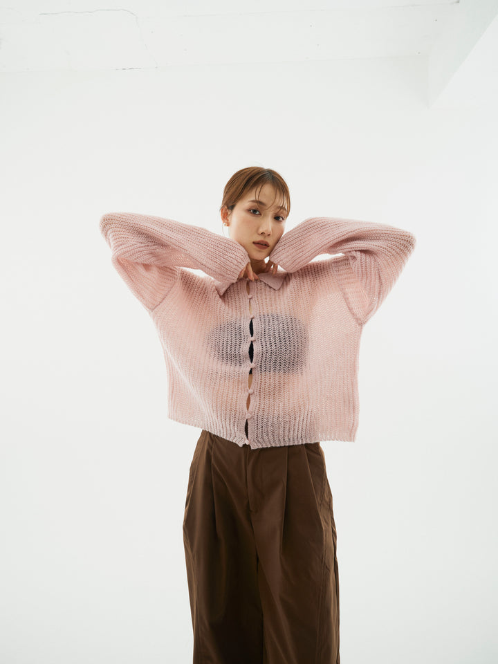 [予約]起毛片畦編みシアーポロニット/ビンク