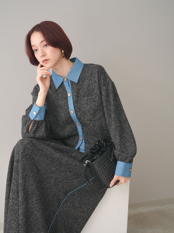 [SET]異素材サマーツイードシャツ+異素材サマーツイードタックフレアスカート(2set)