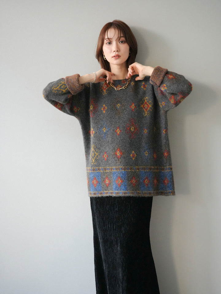 [予約]ヴィンテージ柄オーバーニットプルオーバー/チャコール