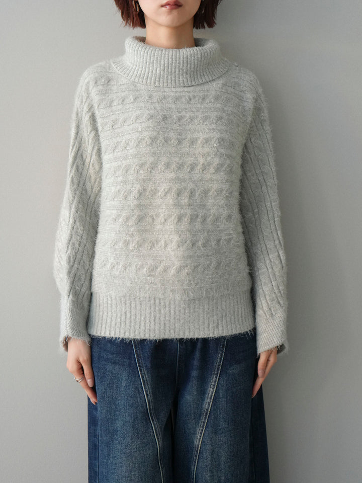 [予約]オフタートルケーブル編みニットプルオーバー/gray
