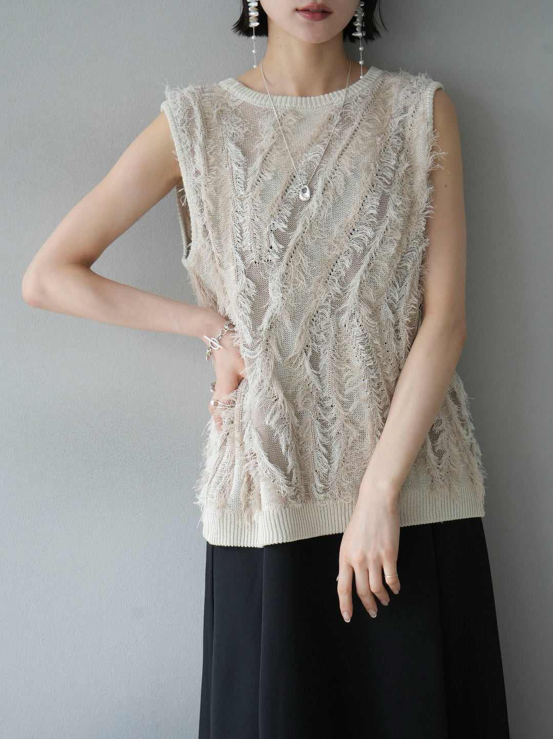 [Pre-order] Mixed fringe knit top/ivory