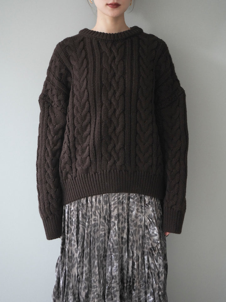 [予約]ボリュームケーブルニットプルオーバー/brown