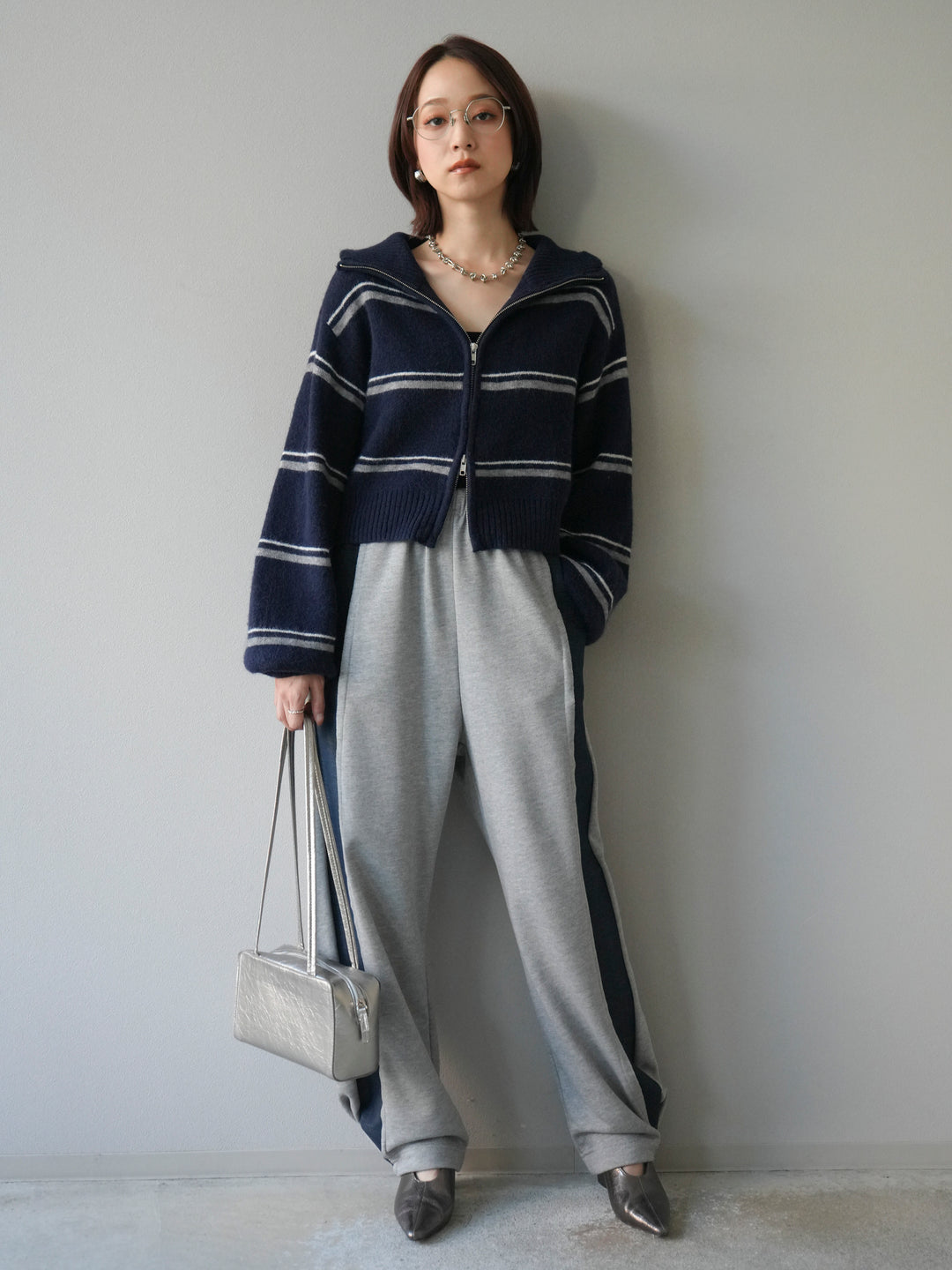 [予約]ボーダーZIPショートニットカーディガン/navy