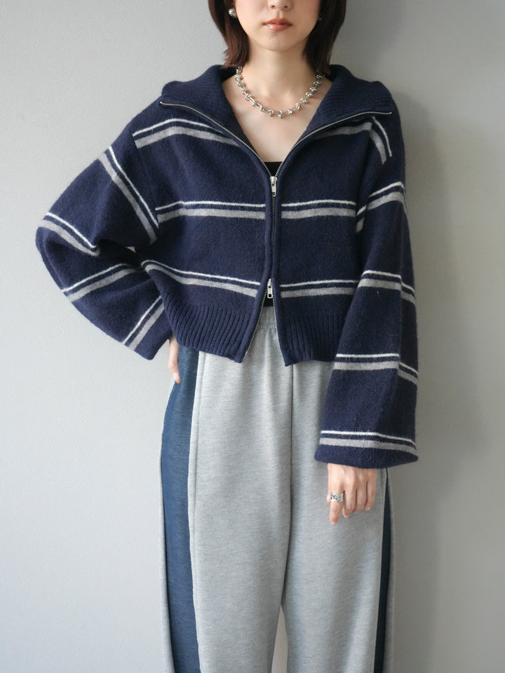 [予約]ボーダーZIPショートニットカーディガン/navy
