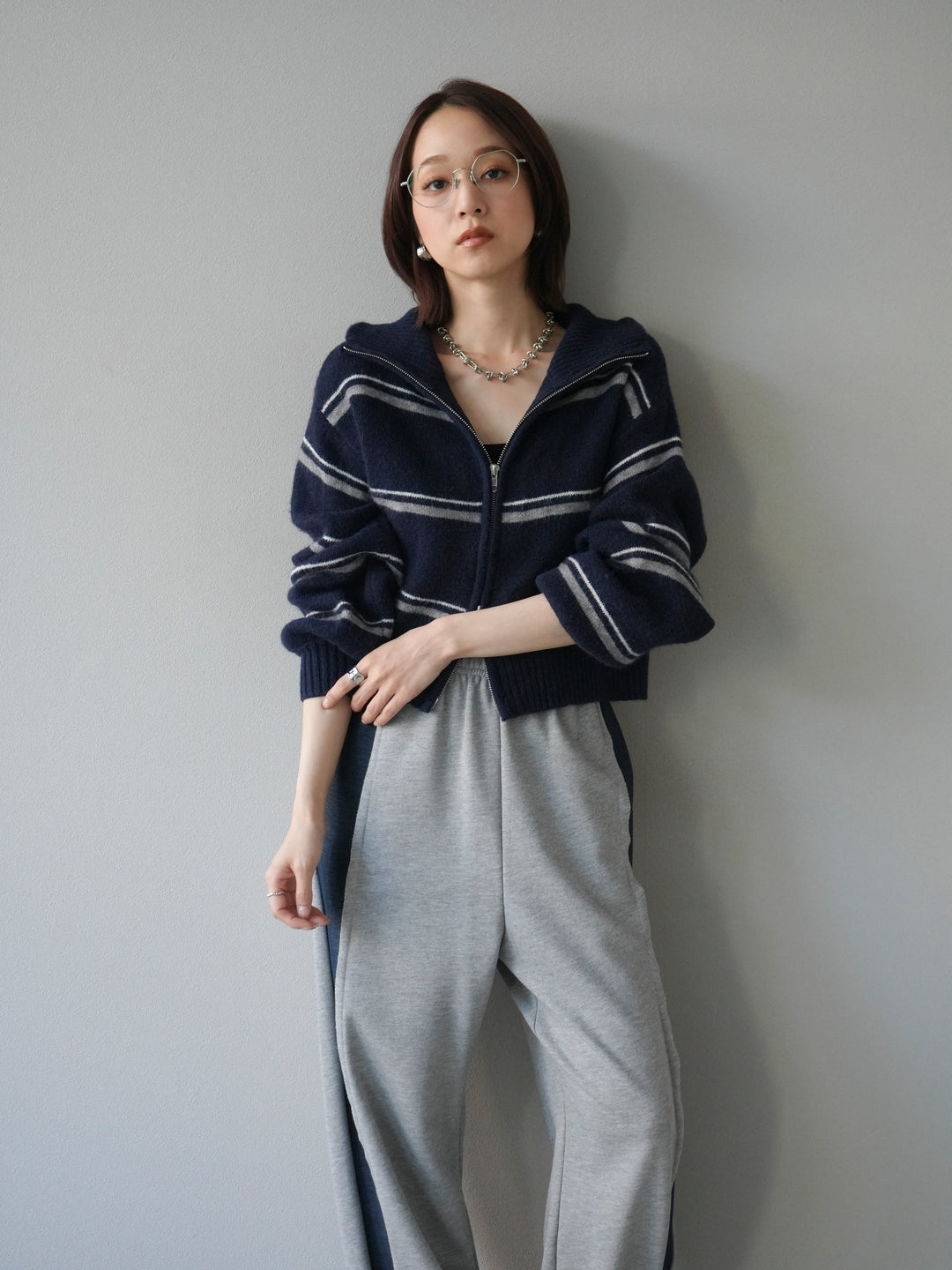 [予約]ボーダーZIPショートニットカーディガン/navy