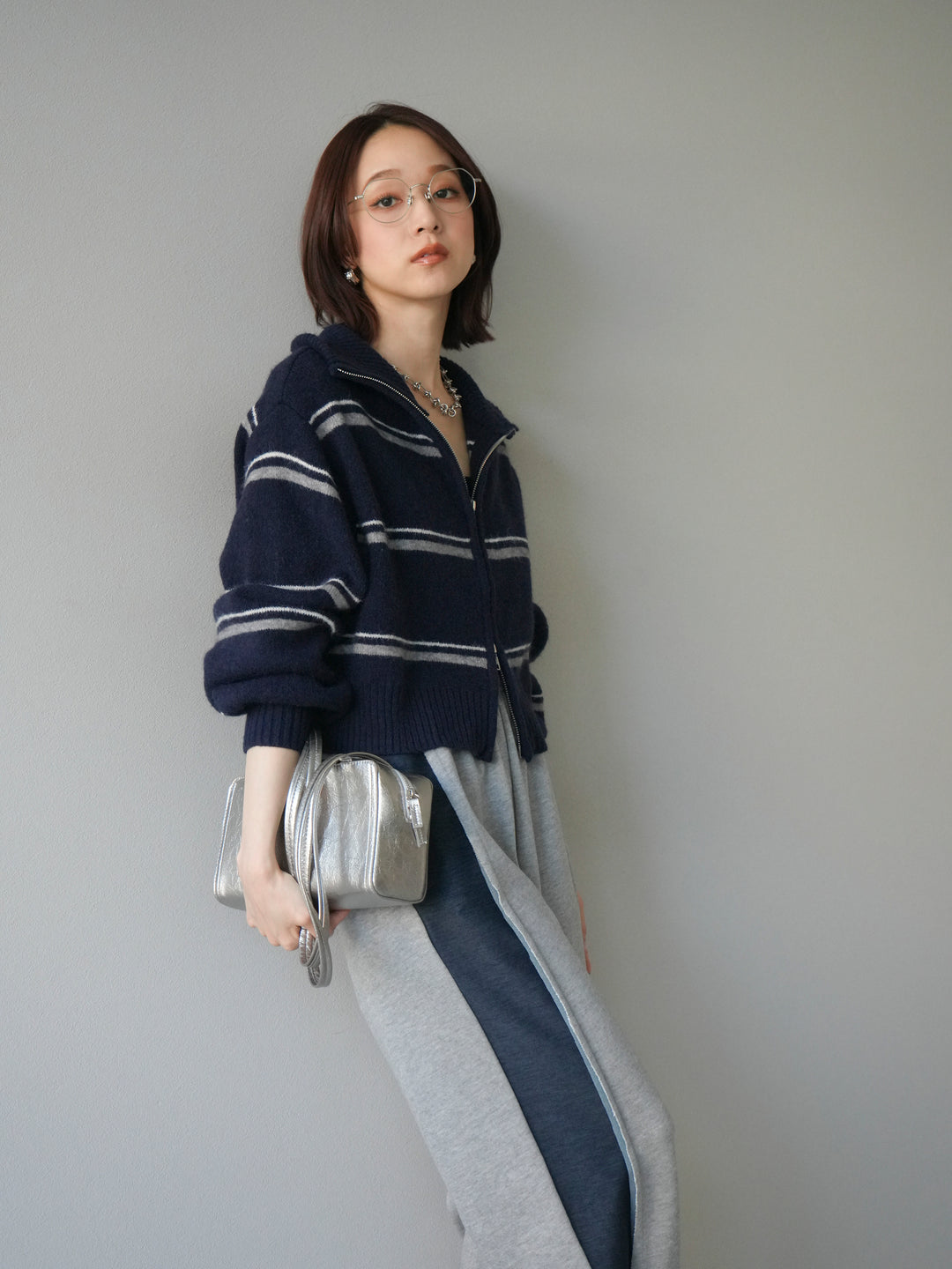 [予約]ボーダーZIPショートニットカーディガン/navy