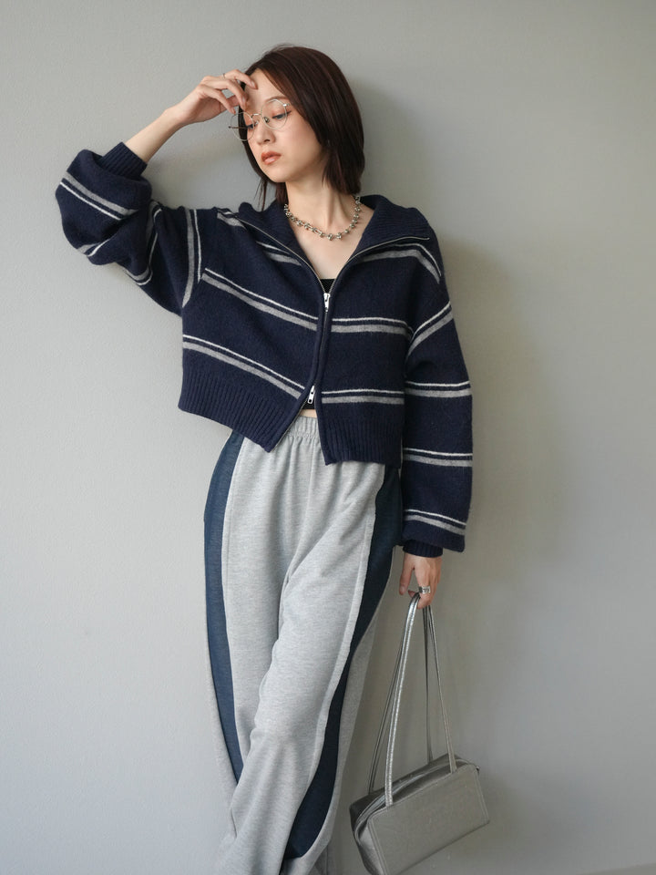 [予約]ボーダーZIPショートニットカーディガン/navy