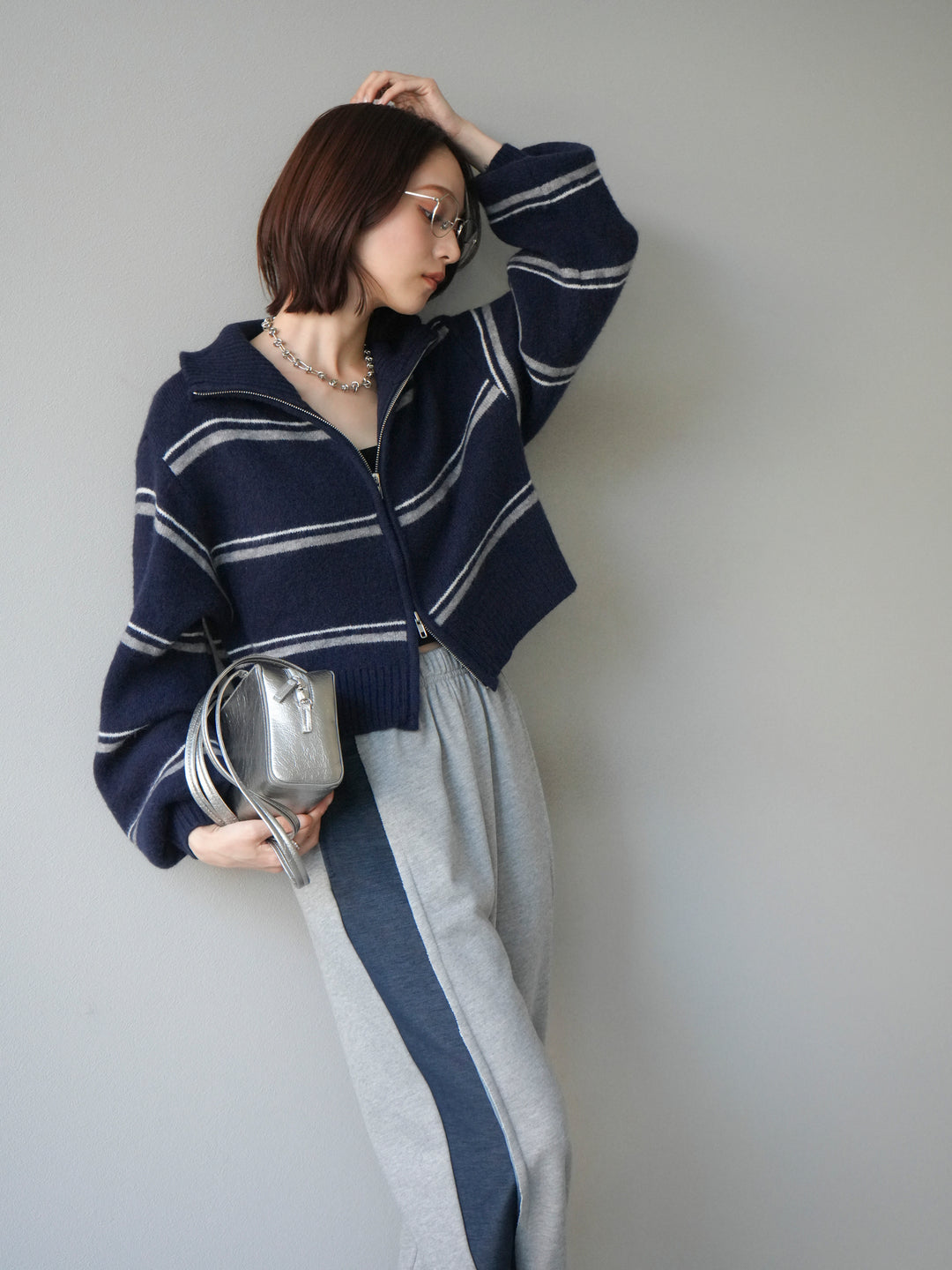 [予約]ボーダーZIPショートニットカーディガン/navy