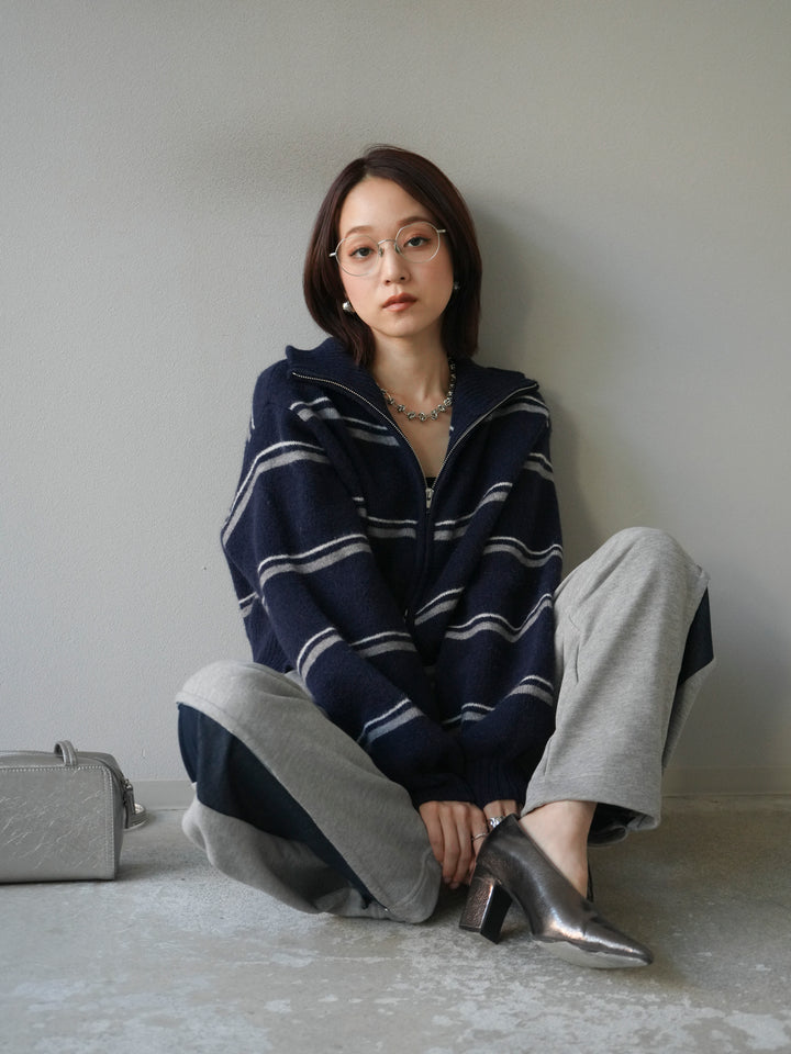 [予約]ボーダーZIPショートニットカーディガン/navy