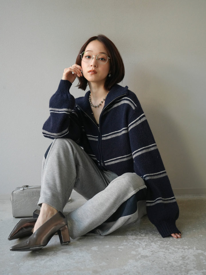 [予約]ボーダーZIPショートニットカーディガン/navy