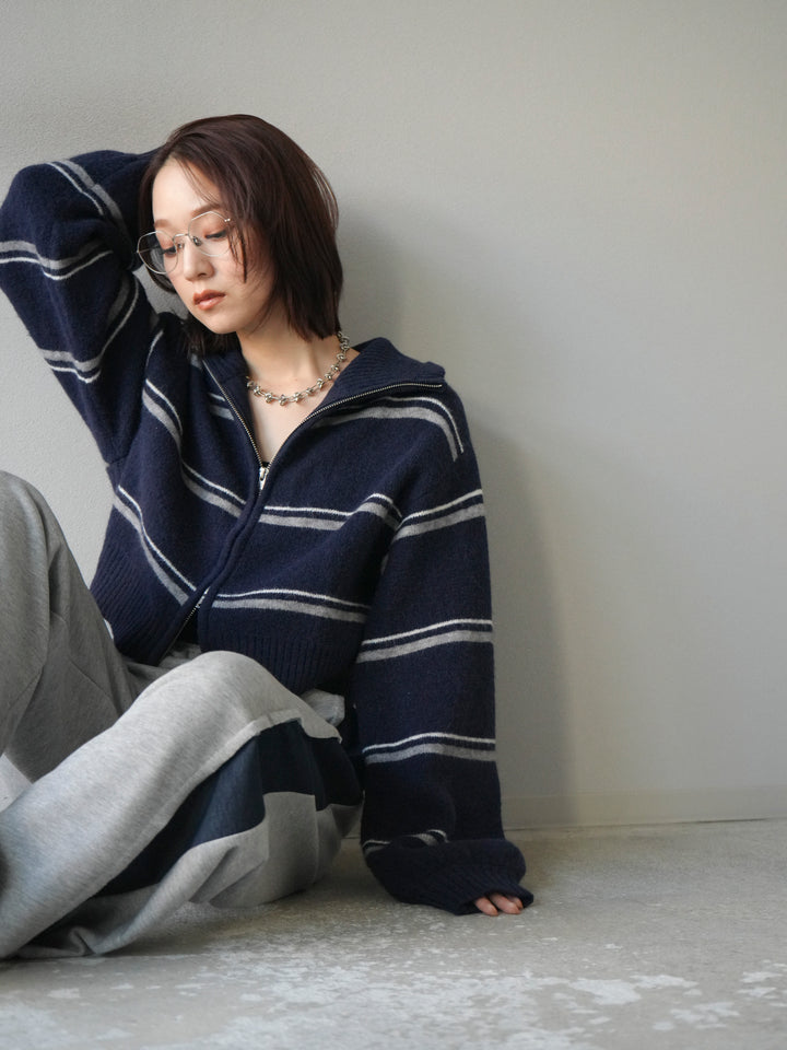 [予約]ボーダーZIPショートニットカーディガン/navy