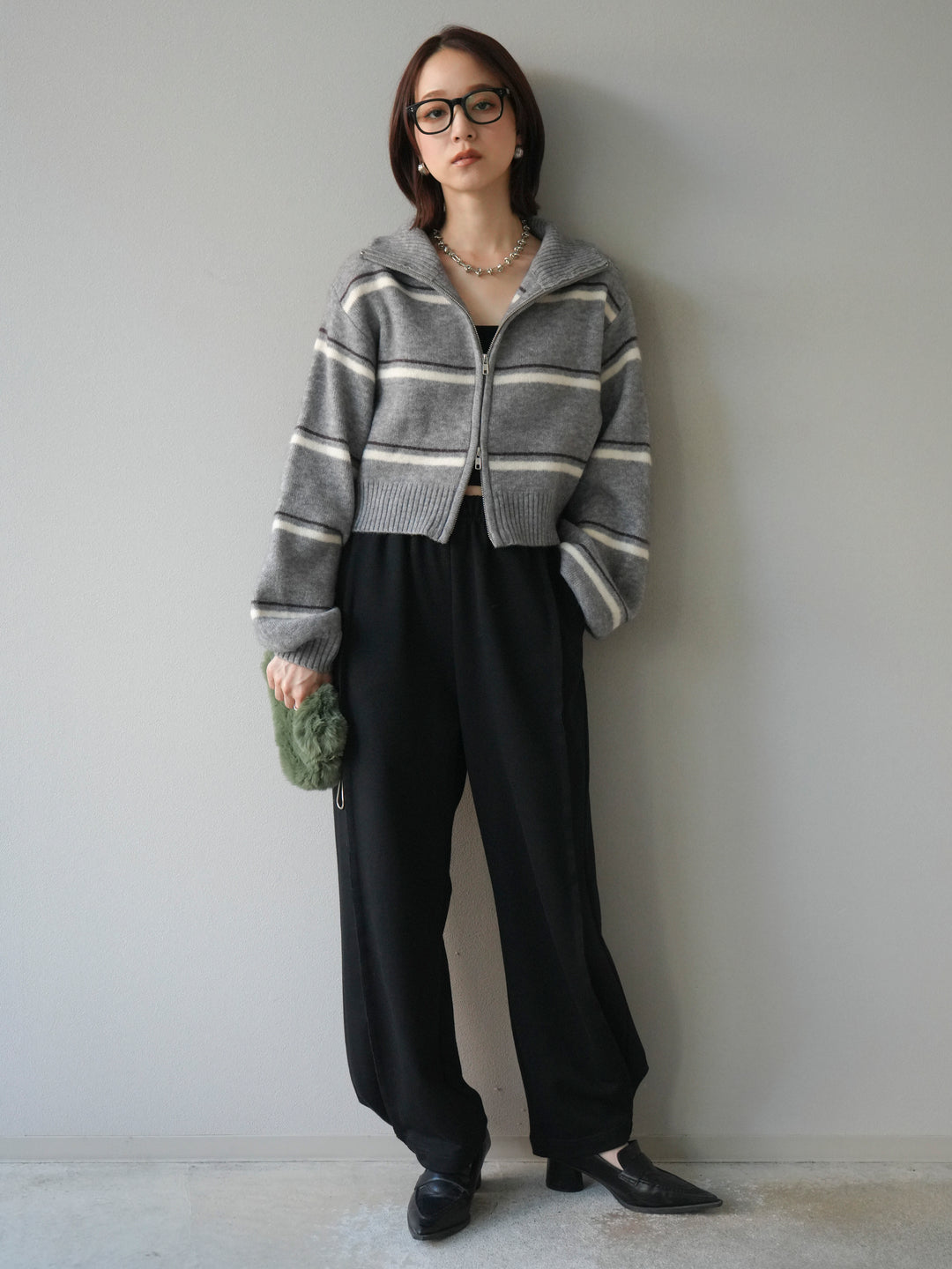[予約]ボーダーZIPショートニットカーディガン/ gray