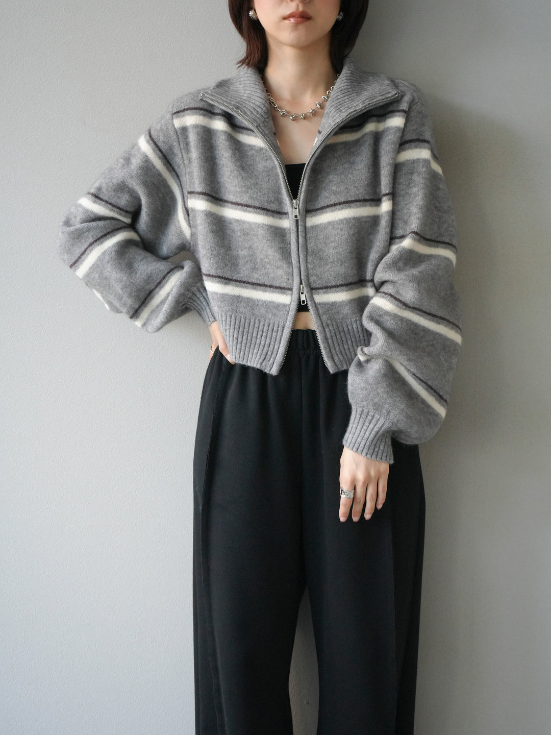 [予約]ボーダーZIPショートニットカーディガン/ gray