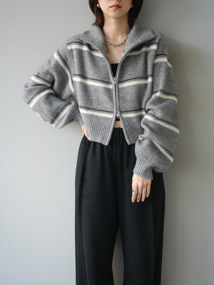 [予約]ボーダーZIPショートニットカーディガン/ gray