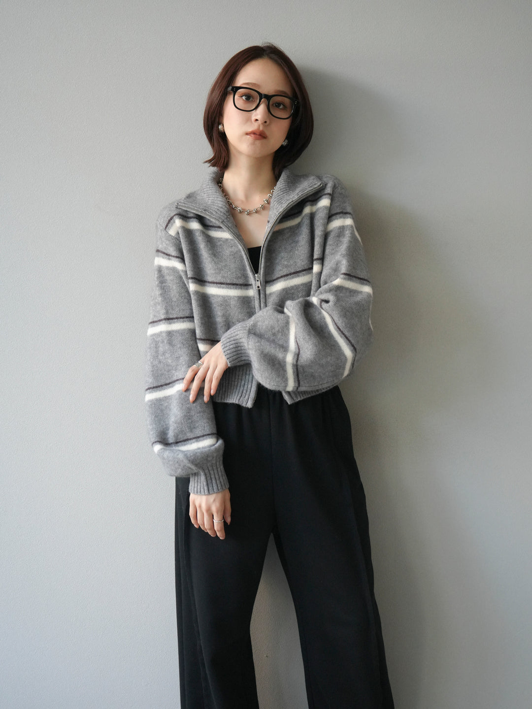 [予約]ボーダーZIPショートニットカーディガン/ gray