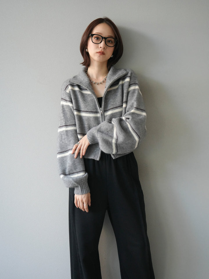 [予約]ボーダーZIPショートニットカーディガン/ gray