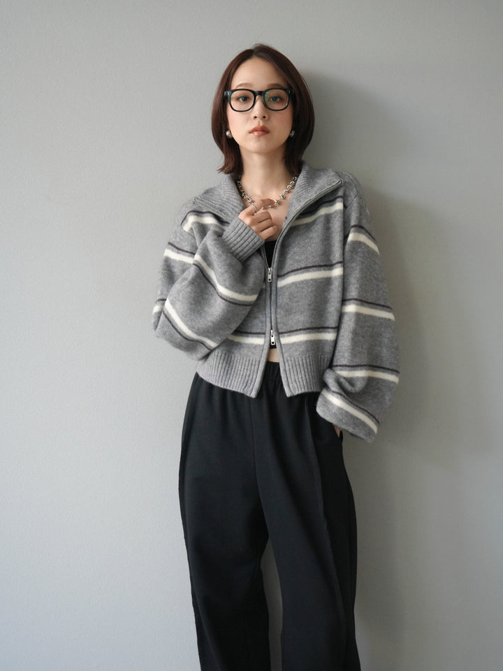 [予約]ボーダーZIPショートニットカーディガン/ gray