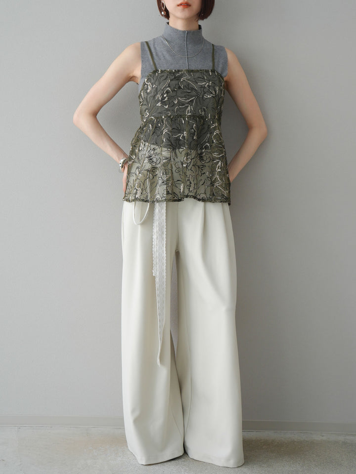 【預購】蕾絲腰帶設計寬褲/象牙白