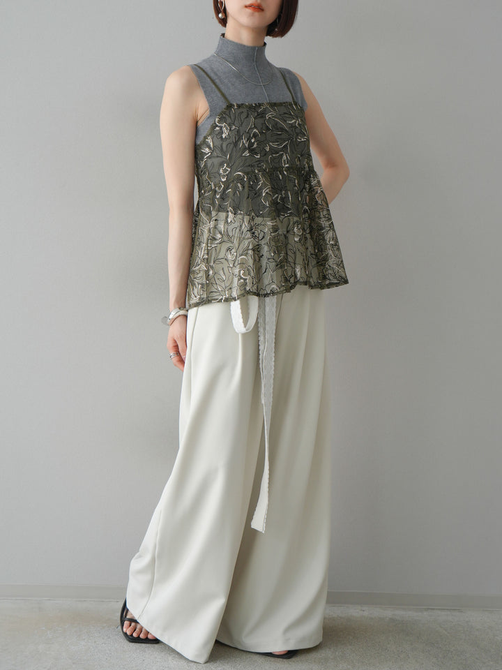 【預購】蕾絲腰帶設計寬褲/象牙白