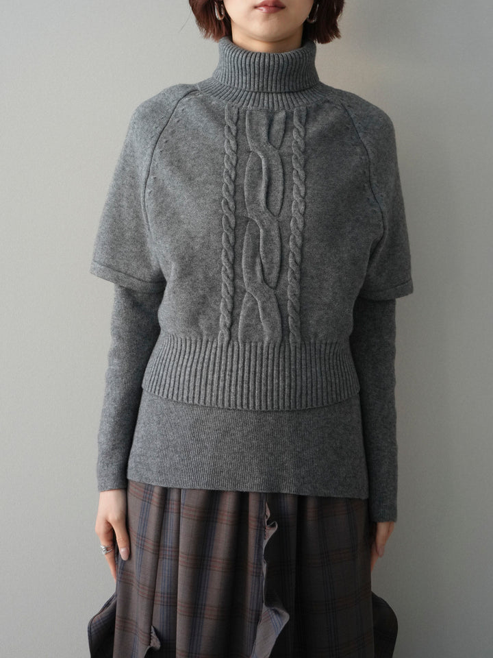 [予約]ケーブル編みタートルハーフスリーブニットアンサンブル/gray