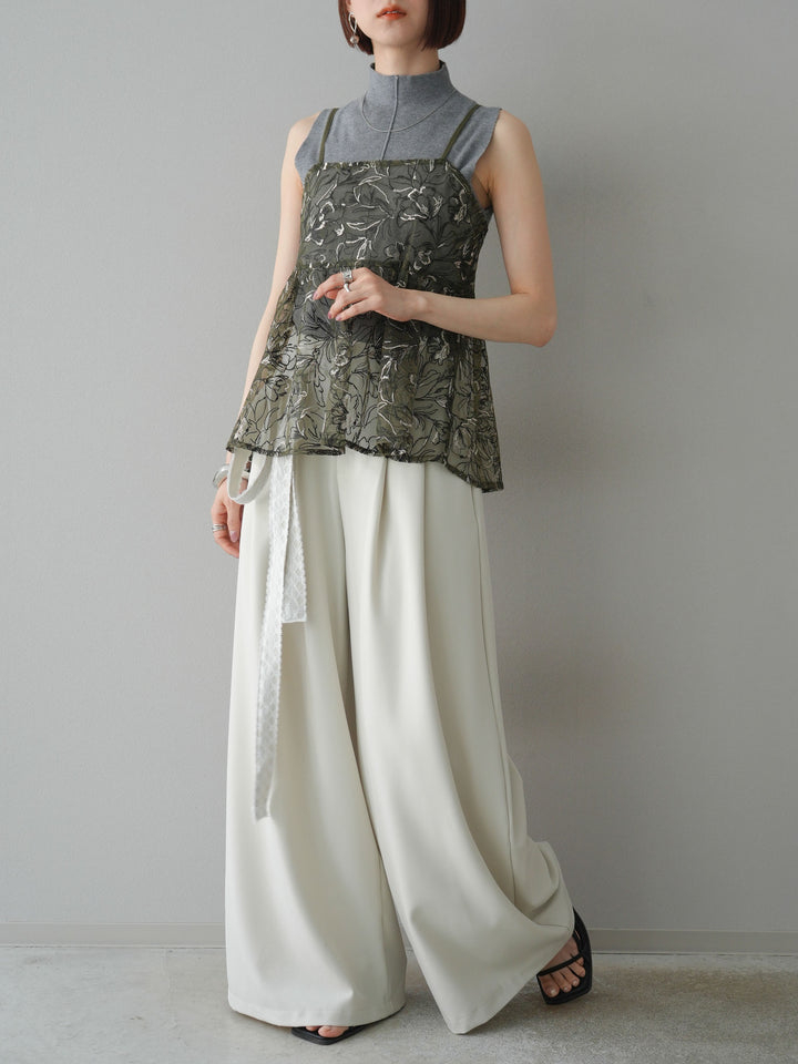 【預購】蕾絲腰帶設計寬褲/象牙白