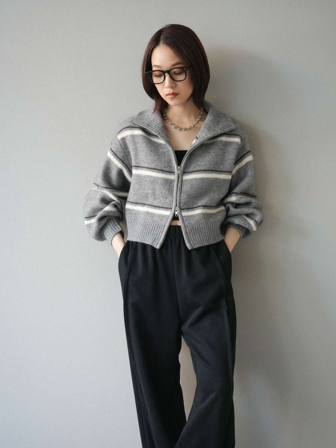 [予約]ボーダーZIPショートニットカーディガン/ gray