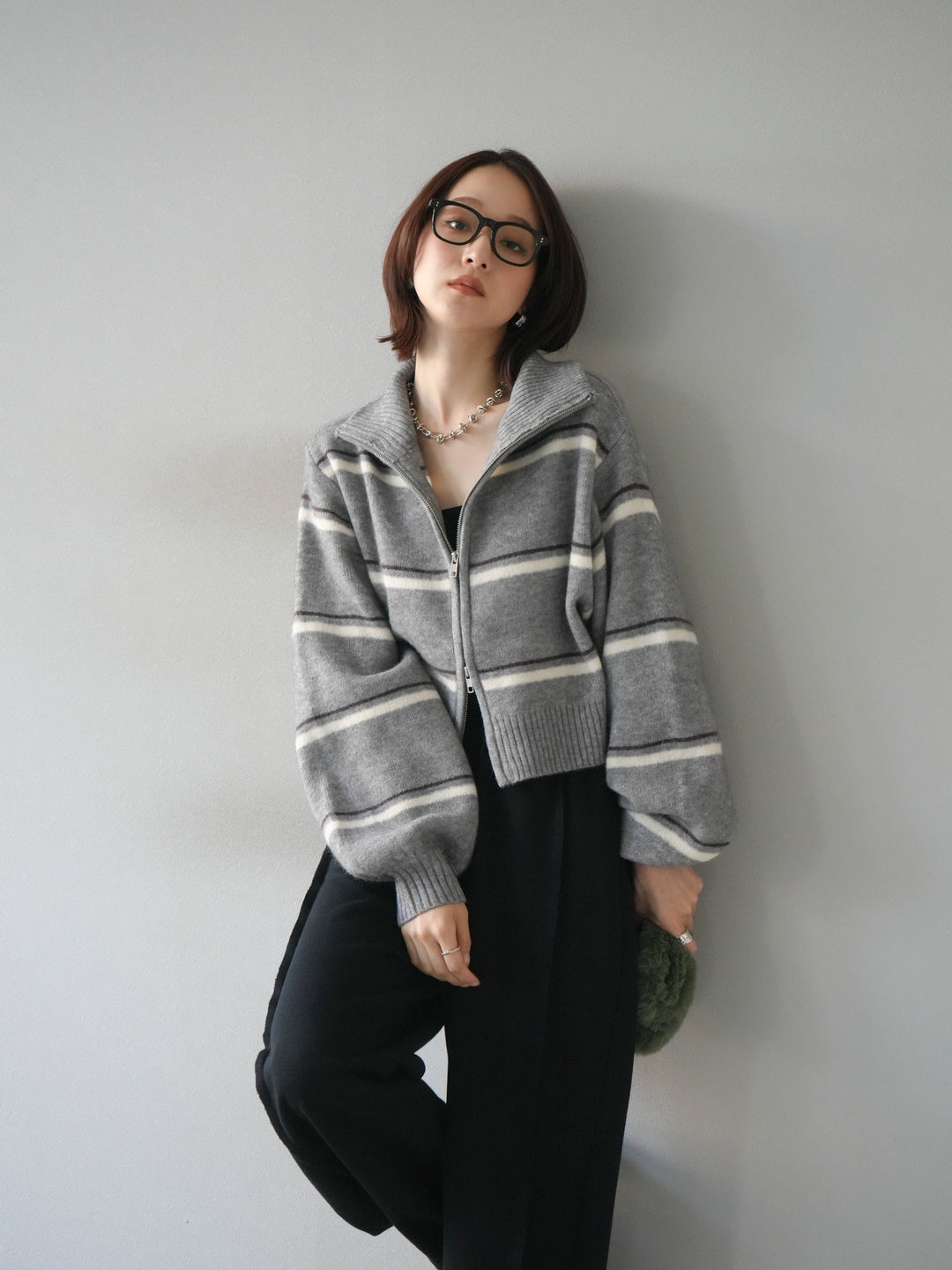 [予約]ボーダーZIPショートニットカーディガン/ gray