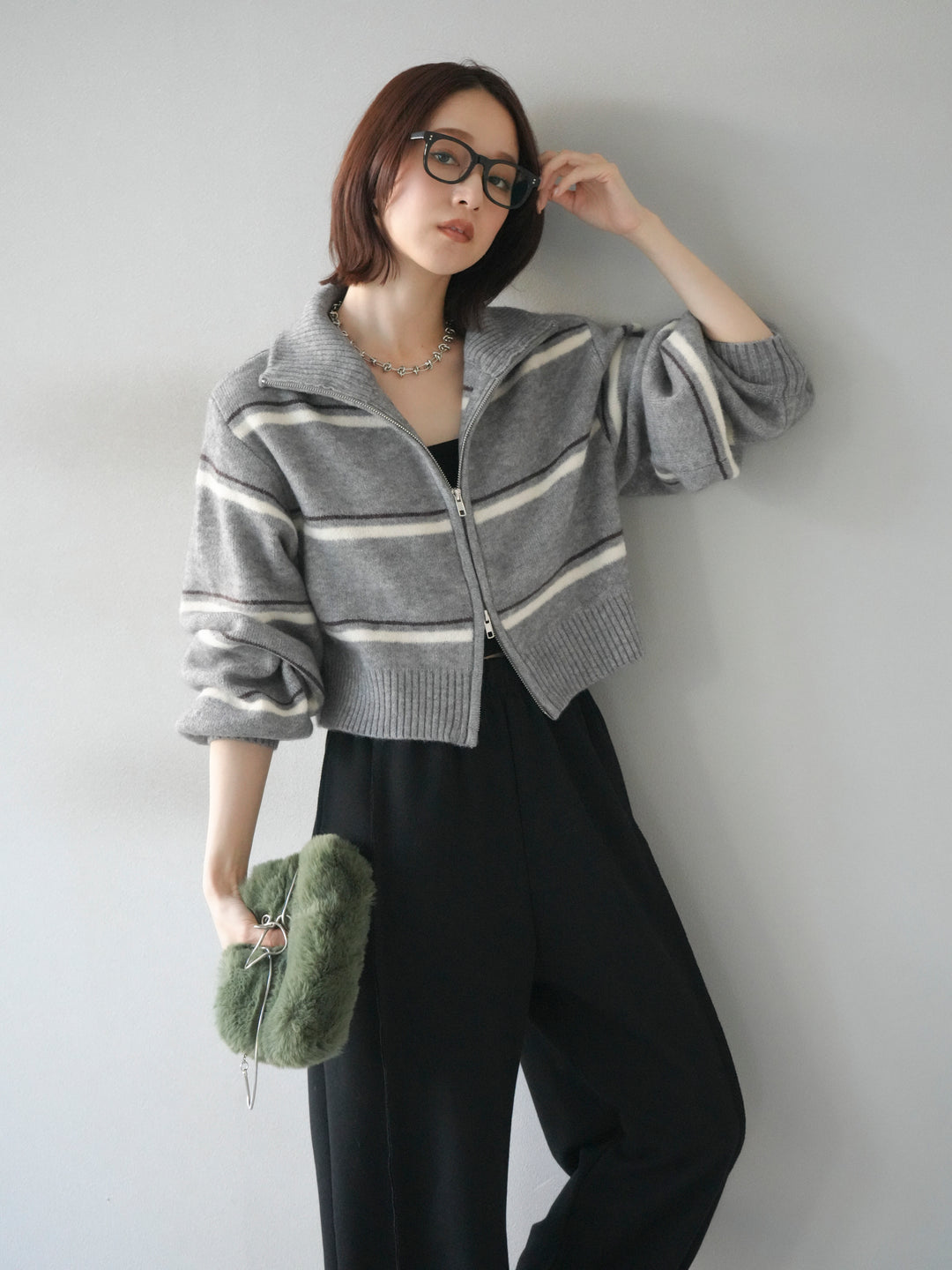 [予約]ボーダーZIPショートニットカーディガン/ gray