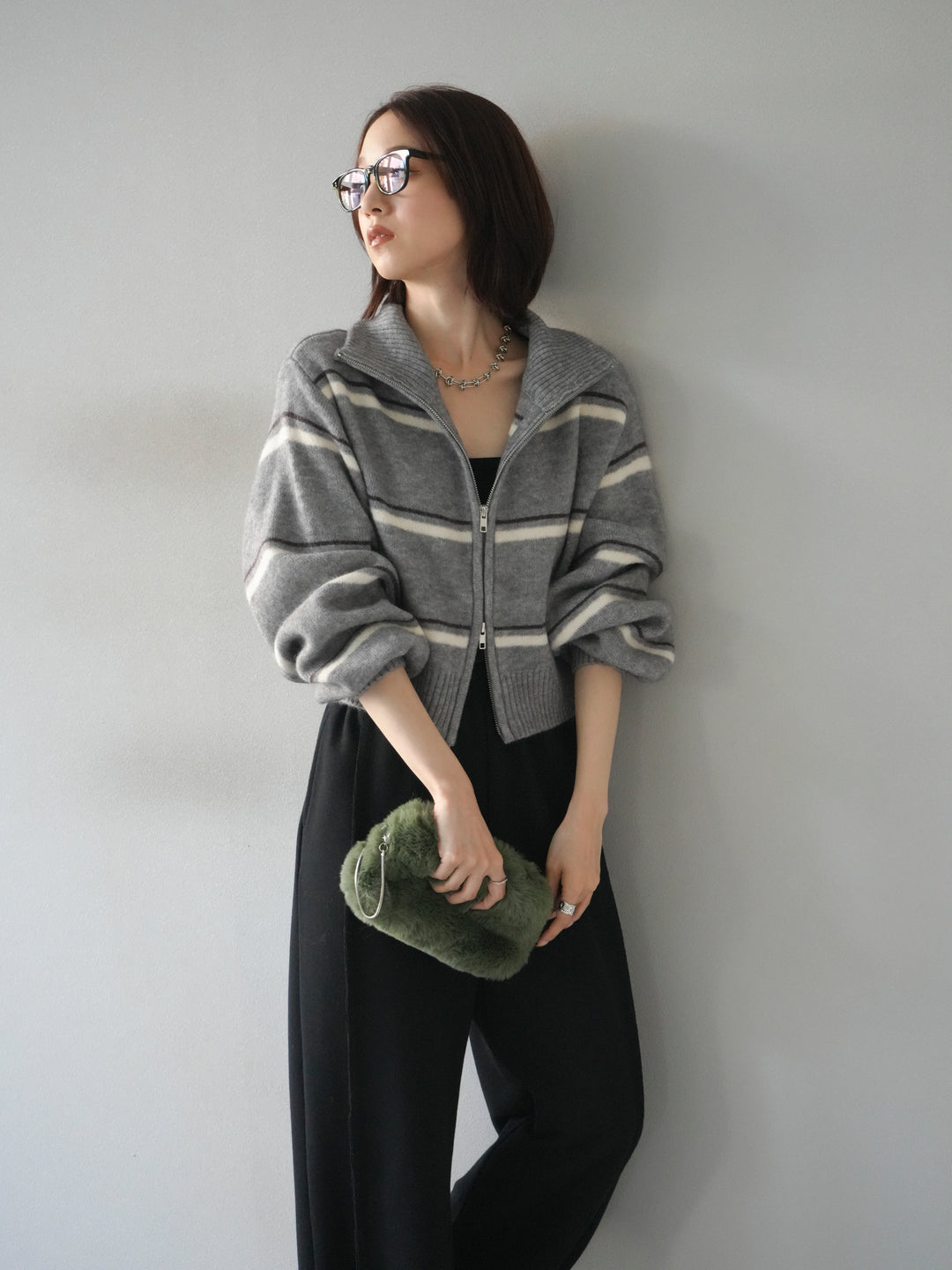 [予約]ボーダーZIPショートニットカーディガン/ gray