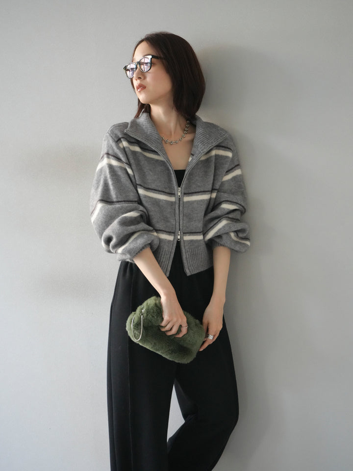 [予約]ボーダーZIPショートニットカーディガン/ gray
