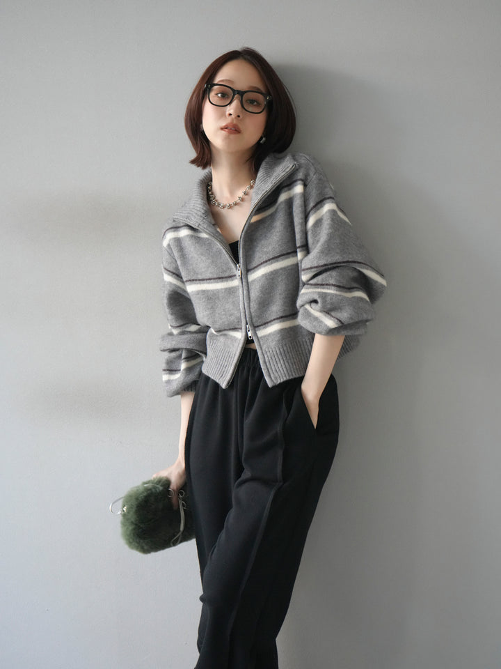 [予約]ボーダーZIPショートニットカーディガン/ gray