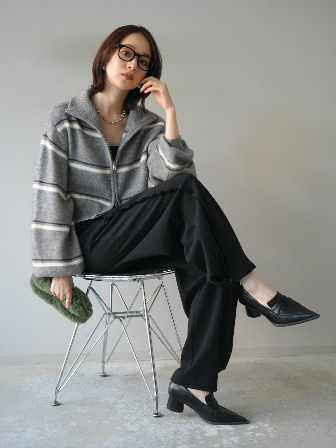 [予約]ボーダーZIPショートニットカーディガン/ gray