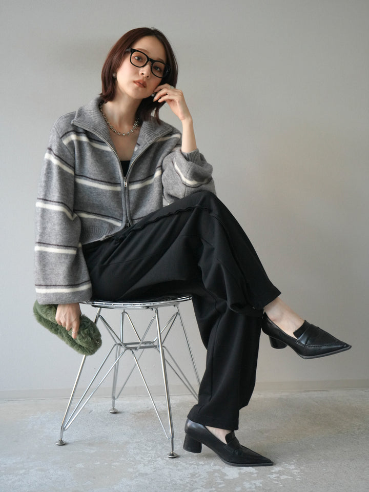 [予約]ボーダーZIPショートニットカーディガン/ gray