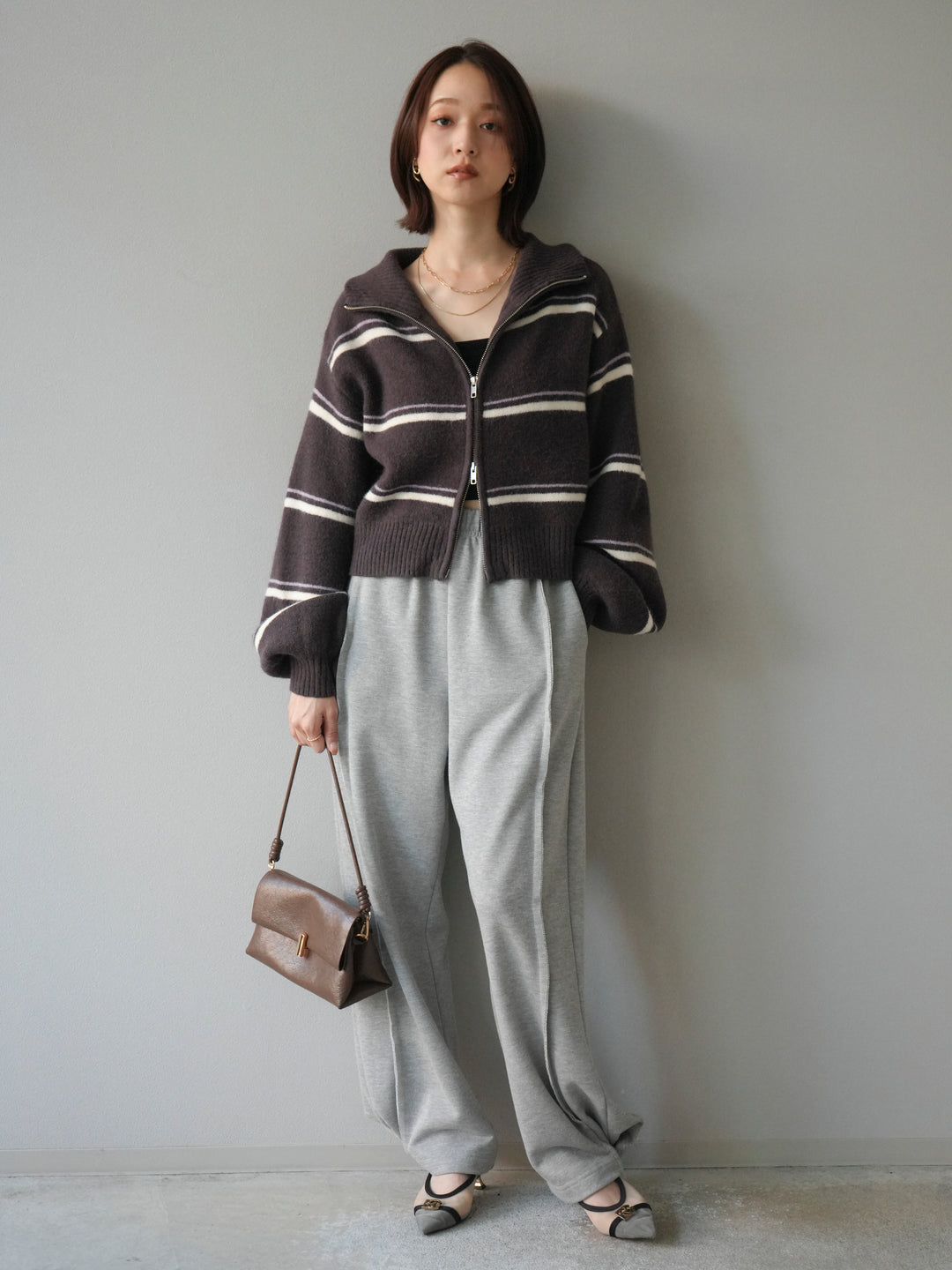 [予約]ボーダーZIPショートニットカーディガン/brown