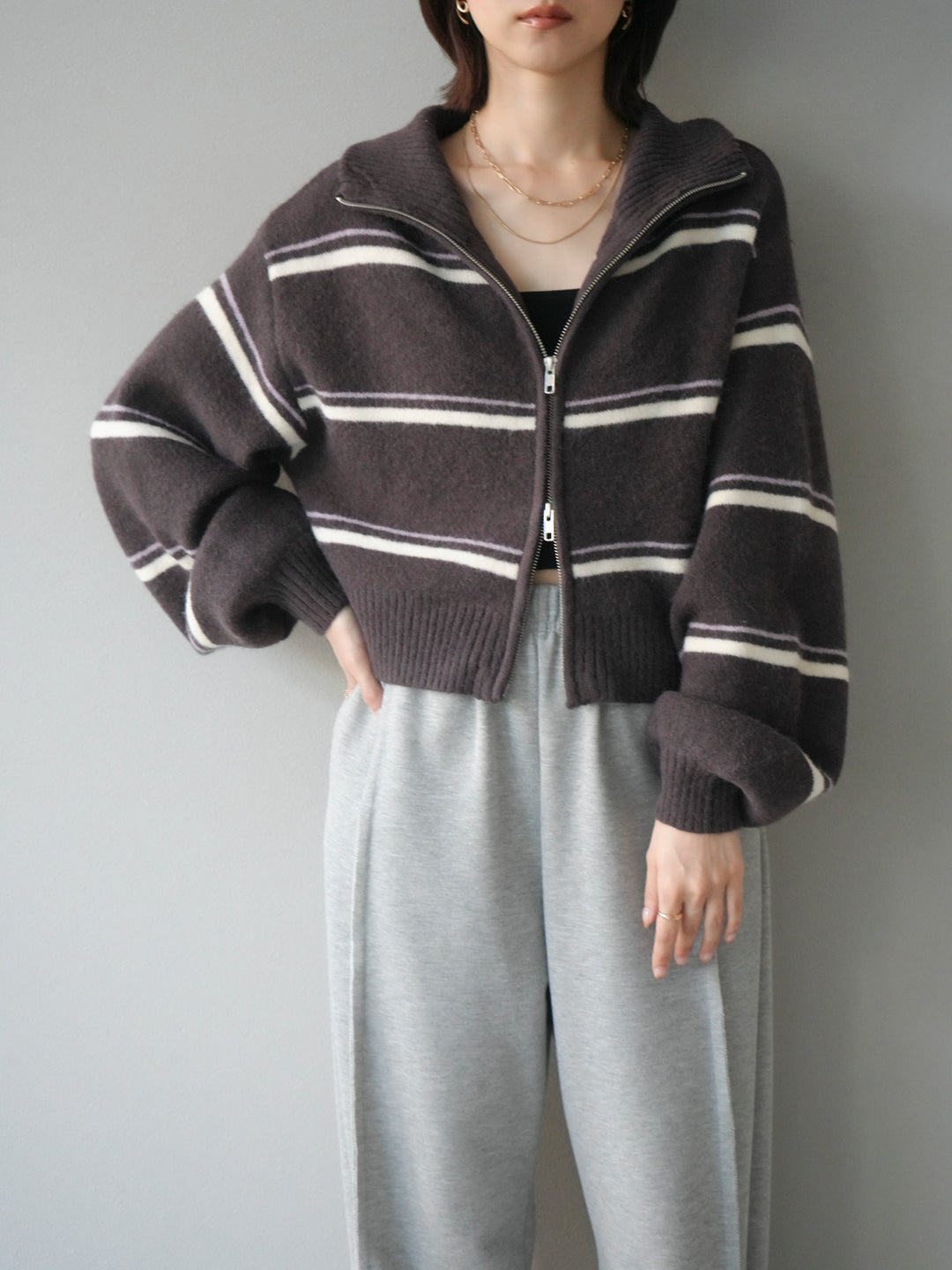 [予約]ボーダーZIPショートニットカーディガン/brown