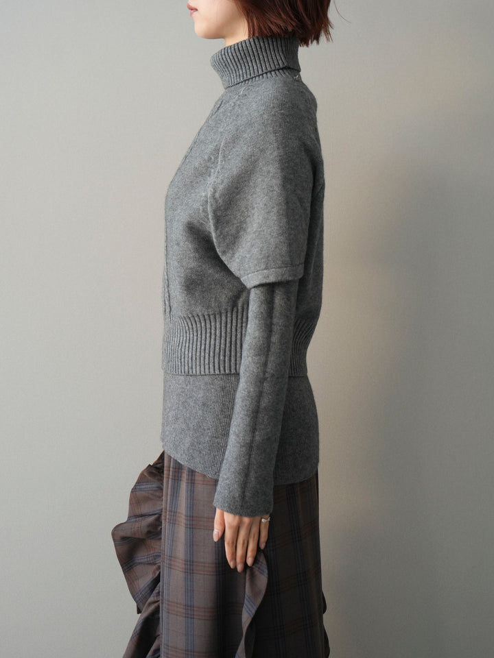 [予約]ケーブル編みタートルハーフスリーブニットアンサンブル/gray