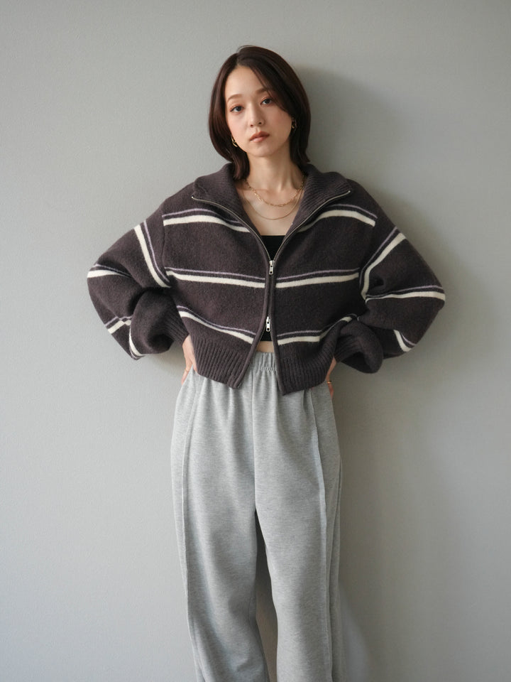 [予約]ボーダーZIPショートニットカーディガン/brown