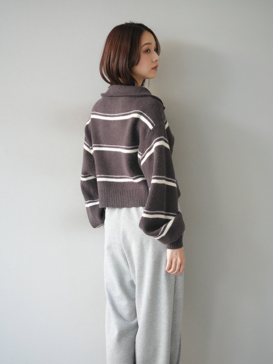 [予約]ボーダーZIPショートニットカーディガン/brown