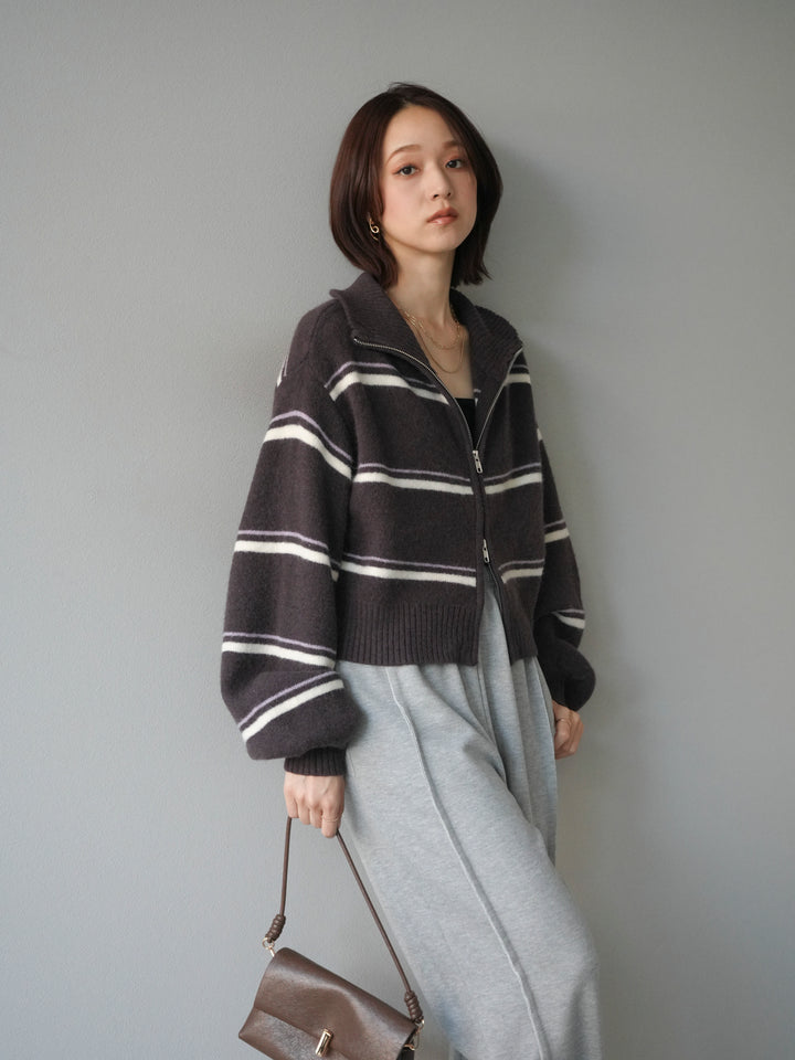 [予約]ボーダーZIPショートニットカーディガン/brown