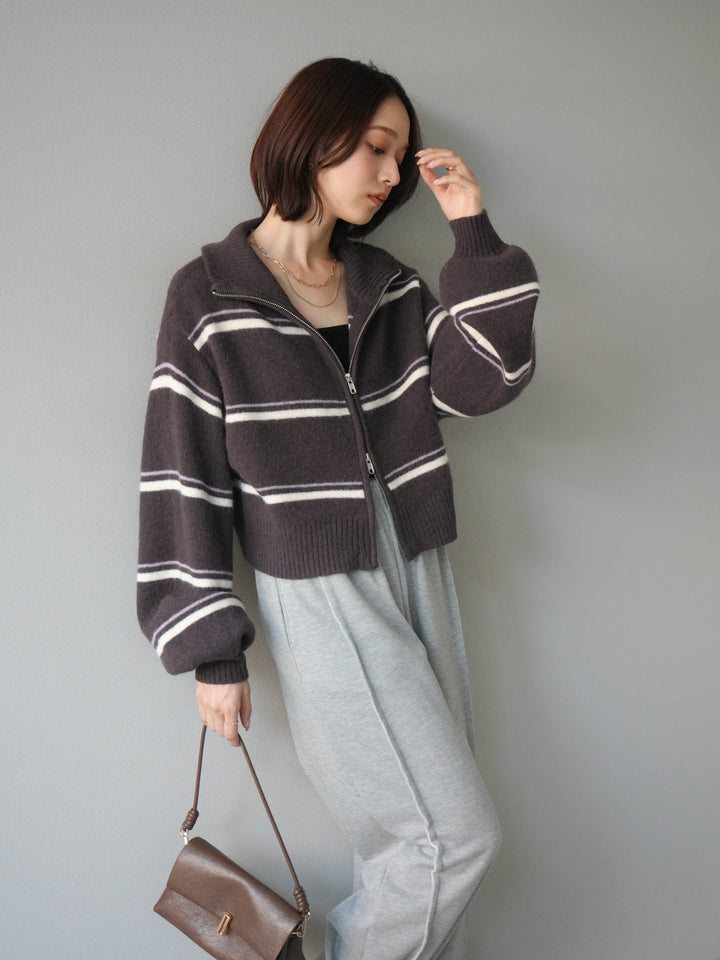 [予約]ボーダーZIPショートニットカーディガン/brown
