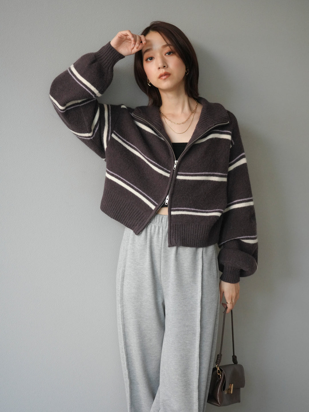 [予約]ボーダーZIPショートニットカーディガン/brown