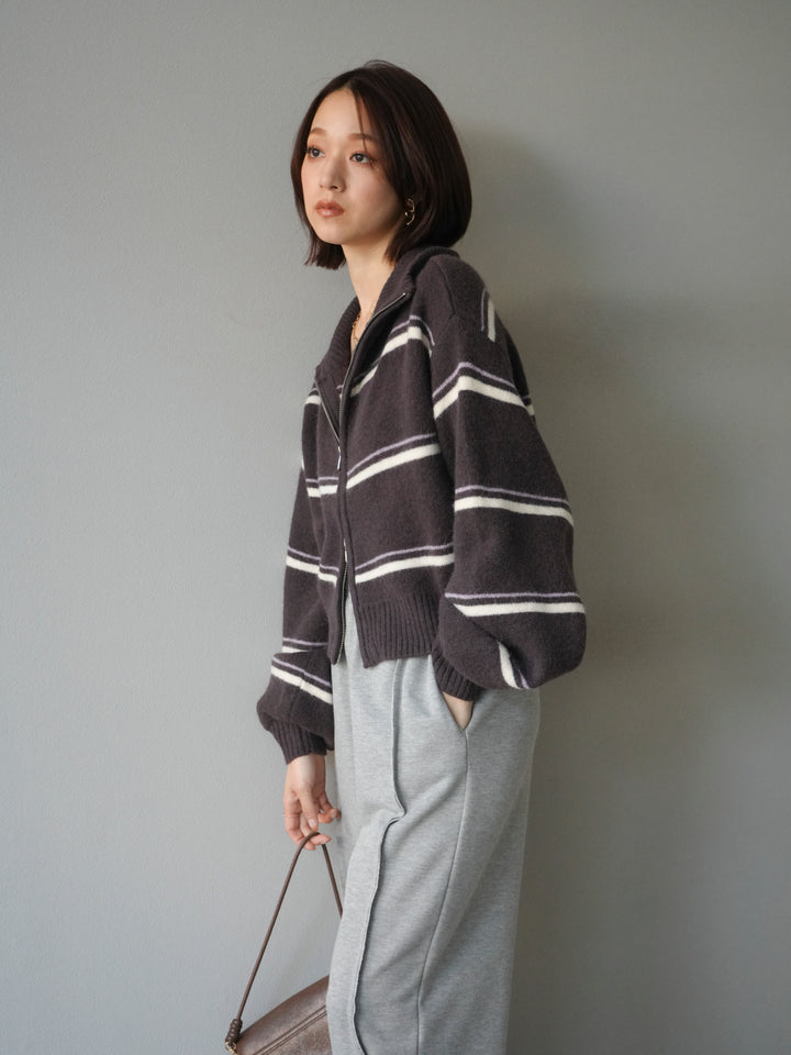 [予約]ボーダーZIPショートニットカーディガン/brown