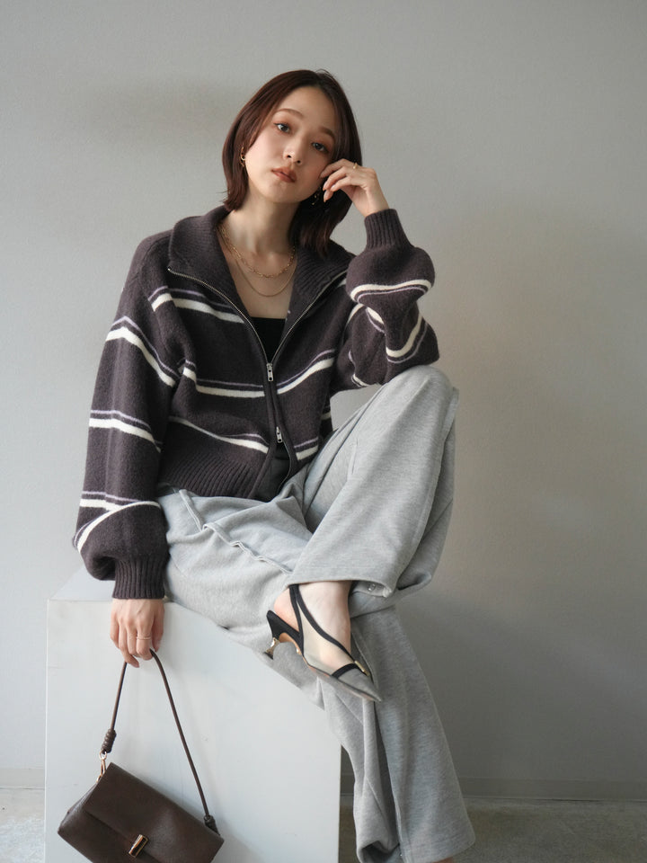 [予約]ボーダーZIPショートニットカーディガン/brown