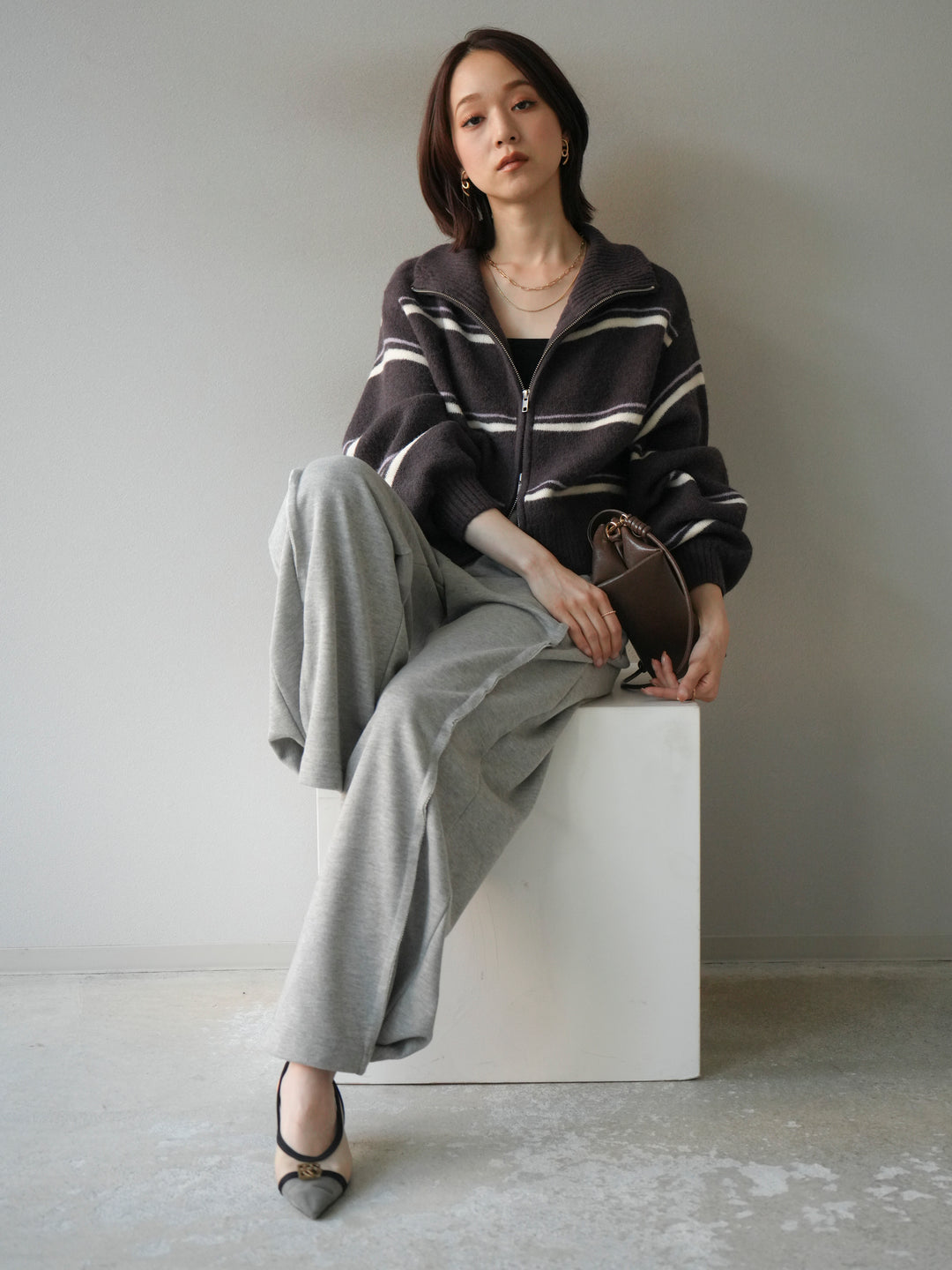 [予約]ボーダーZIPショートニットカーディガン/brown