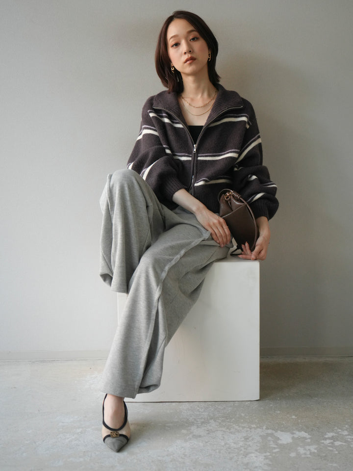 [予約]ボーダーZIPショートニットカーディガン/brown