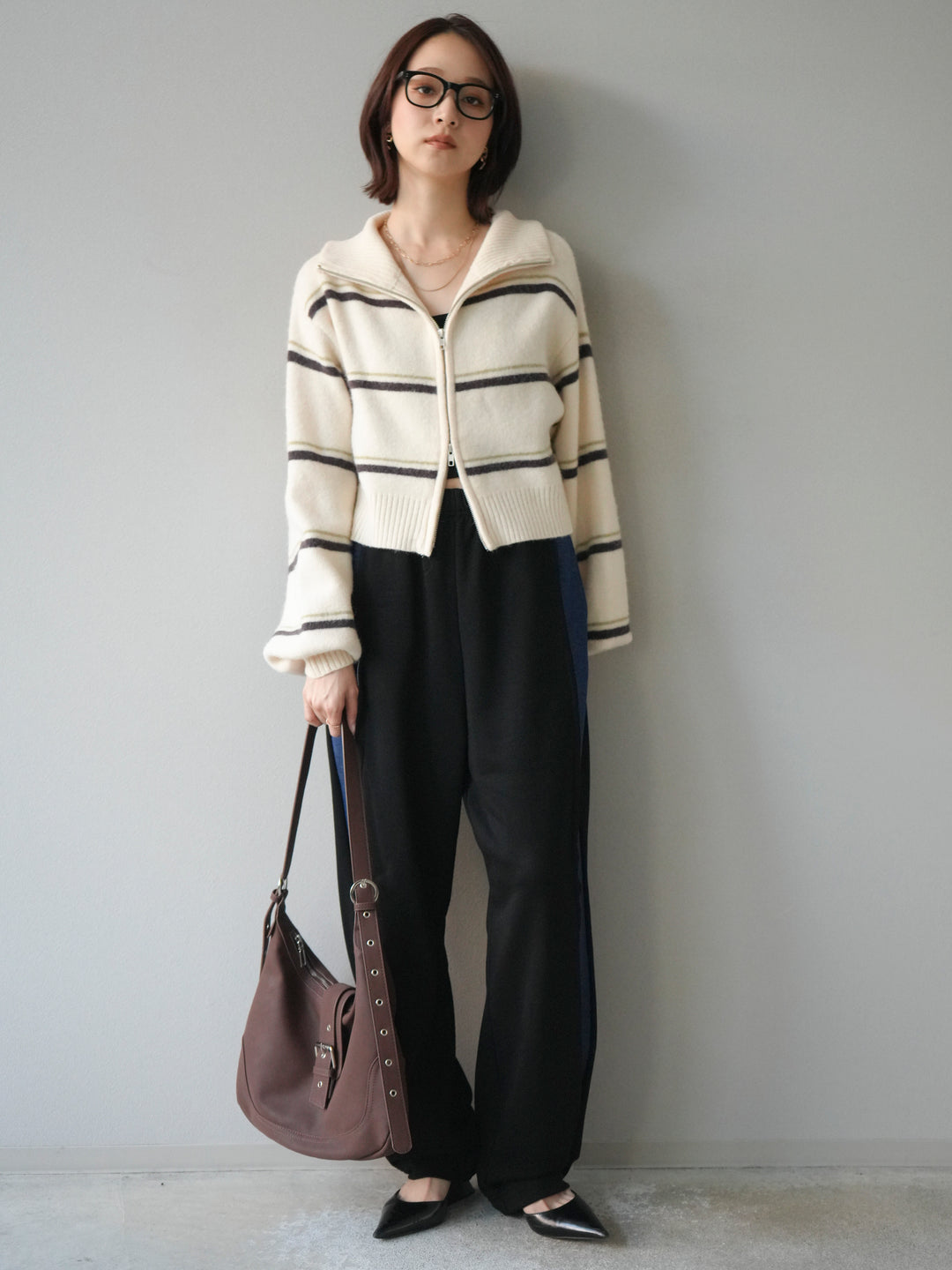 [予約]ボーダーZIPショートニットカーディガン/ivory