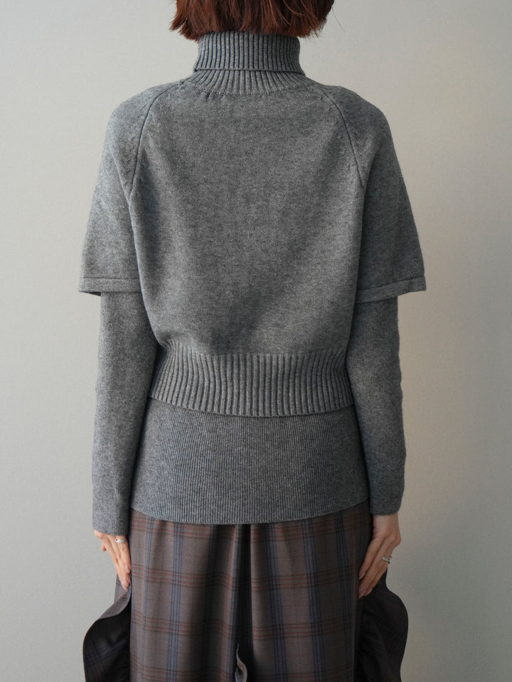 [予約]ケーブル編みタートルハーフスリーブニットアンサンブル/gray